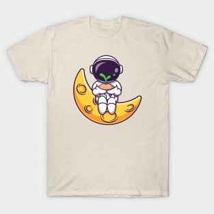 Cute Astronaut Holding Plant On Moon Cartoon T-Shirt